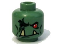 LEGO part Minifigure, Head Alien Troll with Red Eye, Black Eyebrows and Cheek Lines, Dark Green Scar and Eye Shadow, and Frown with Tan Lower Fangs Pattern 3626pb0369