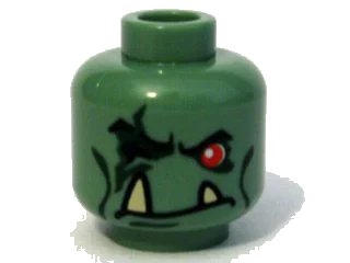 LEGO onderdeel Minifigure, Head Alien Troll with Red Eye, Black Eyebrows and Cheek Lines, Dark Green Scar and Eye Shadow, and Frown with Tan Lower Fangs Pattern (3626pb0369)