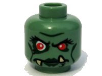LEGO part Minifigure, Head Alien Female Troll with Red Eyes, Black Eyebrows, Eyelashes, and Cheek Lines, Dark Green Lips and Eye Shadow, and Tan Uneven Fangs Pattern 3626pb0370