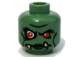 LEGO onderdeel Minifigure, Head Alien Female Troll with Red Eyes, Black Eyebrows, Eyelashes, and Cheek Lines, Dark Green Lips and Eye Shadow, and Tan Uneven Fangs Pattern (3626pb0370)