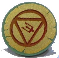 LEGO part Minifigure, Shield Circular Flat Face with Dark Orange and Dark Red Circle, Triangle, and Trident on Gold Background Pattern 59231pb03