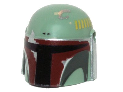 LEGO part Minifigure, Headgear Helmet with Holes, SW Mandalorian with Dark Green Cheek Indents and Silver Battle Damage - Type 1, Partial Dark Red Visor Outline Right Pattern (87610pb01)