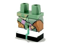 LEGO part Hips and 1 Nougat Left Leg, 1 Sand Green Right Leg with Light Aqua Boots, Multicolor Ragdoll Patchwork, Black Toes Pattern 970d45pb01
