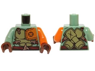 LEGO onderdeel Torso Ninjago Olive Green and Orange Body Armor with Dark Red Straps and Belt Pattern / Orange Arm Left / Sand Green Arm Right / Reddish Brown Hands (973pb2136c01)