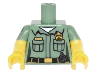 LEGO onderdeel Torso Female Shirt with 2 Pockets, Name Tag, Badge and Belt Pattern / Yellow Arms with Sand Green Short Sleeves and Patch Pattern / Yellow Hands (973pb2231c01)