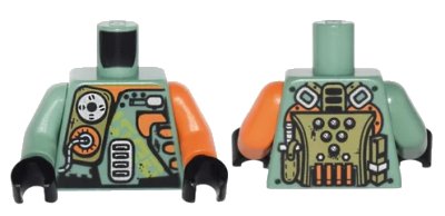 LEGO onderdeel Torso Olive Green, Orange and Silver Mechanical Pack and Body Armor Pattern / Orange Arm Left / Sand Green Arm Right / Black Hands (973pb2507c01)