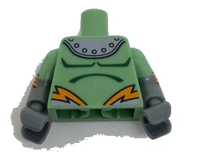 LEGO onderdeel Torso Shoulder Armor with Rivets and Orange Lightning Pattern / DBG Arms with Sand Green Short Sleeves, Atom and Orange Stripes Pattern / DBG Hands (973pb2703c01)