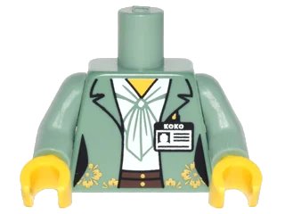 LEGO onderdeel Torso Female Outline Jacket with Gold Flowers, ID Badge with 'KOKO' over White Blouse and Dark Brown Belt Pattern / Sand Green Arms / Yellow Hands (973pb2791c01)