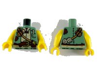 LEGO part Torso Jacket with Tan Shirt, Reddish Brown Belt and Patches, Barrels and Skulls on Rope Sash, Goose in Pocket, and Gold Egg in Pouch Pattern / Yellow Arms / Yellow Hands 973pb3341c01