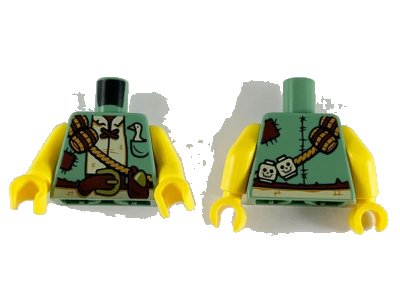 LEGO onderdeel Torso Jacket with Tan Shirt, Reddish Brown Belt and Patches, Barrels and Skulls on Rope Sash, Goose in Pocket, and Gold Egg in Pouch Pattern / Yellow Arms / Yellow Hands (973pb3341c01)