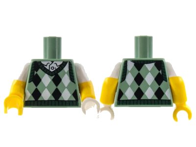 LEGO onderdeel Torso Knit Argyle Sweater Vest with Dark Green Collar over White Shirt Pattern / Yellow Arms with Molded White Short Sleeves Pattern / White Hand Left / Yellow Hand Right (973pb3435c01)