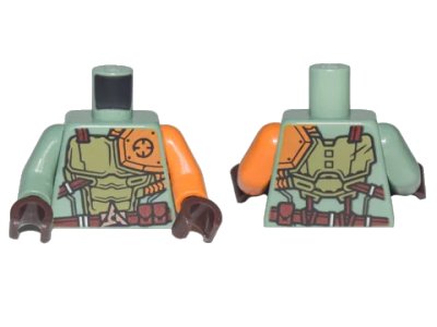 LEGO onderdeel Torso Ninjago Olive Green and Orange Body Armor with Dark Red Belt and 3 Pouches Pattern / Orange Arm Left / Sand Green Arm Right / Dark Brown Hands (973pb4189c01)