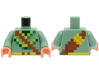 LEGO onderdeel Torso Pixelated Shirt with Lime, Green and Dark Green Trim, Reddish Brown Belt with Quiver with Yellow Arrows Pattern / Sand Green Arms / Nougat Hands (973pb4950c01)
