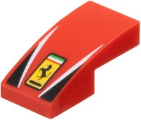 LEGO part Slope, Curved 2 x 1 x 2/3 with Ferrari Logo, White Stripes, Black Triangles Pattern 11477pb203