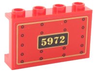 LEGO part Pannello 1 x 4 x 2 con Supporti Laterali - Stud Cavi con Motivo '5972' Oro, Rivetti Neri e Bordi Oro su Sfondo Rosso (Adesivo) - Set 75955 14718pb022