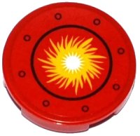 LEGO part Tile, Round 2 x 2 with Bottom Stud Holder with Yellow Fire Ball in Black Circle and Rivets Pattern (Sticker) - Set 70144 14769pb016