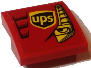 LEGO onderdeel Schuin, Gebogen 2 x 2 x 2/3 met Geel Oog, ups Logo en Rode Ventielen Patroon Modelleft Zijkant (Sticker) - Set 75908 (15068pb112L)