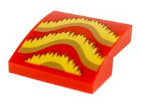 LEGO part Slope, Curved 2 x 2 x 2/3 with Gold, Bright Light Orange, and Dark Red Fringe Pattern 15068pb226