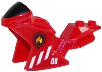 LEGO onderdeel Motorcycle Fairing, Racing (Sport) Bike with Black Windshield Pattern with White Danger Stripes, '08', and Fire Logo Pattern on Both Sides (Stickers) - Set 60108 18895pb07