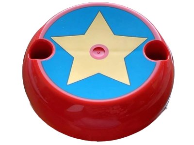 LEGO part Cylinder Hemisphere 7 x 7 Flat (Pod Half) with 2 Pin Holes with Black Outlined Yellow Star on Blue Circle Pattern (1974pb01)