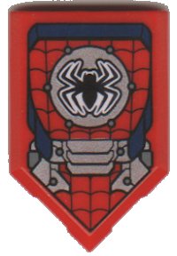 LEGO part Tile, Modified 2 x 3 Pentagonal with Black Spider, Web and Metal Plates Pattern 22385pb216