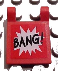 LEGO onderdeel Flag 2 x 2 Square with 'BANG!' Small Font and White Starburst Explosion Horizontal Pattern on Both Sides (Stickers) - Set 7782 2335pb012