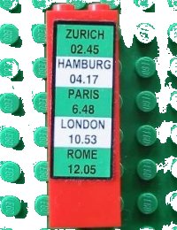 LEGO part Brick 1 x 2 x 5 with Zurich - Hamburg - Paris - London - Rome Train Schedule Pattern (Sticker) - Set 4556 2454pb017