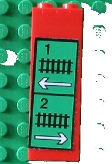 LEGO onderdeel Brick 1 x 2 x 5 with Train Track, White Arrows and '1' and '2' Pattern (Sticker) - Set 4556 (2454pb018)
