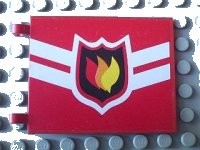 LEGO part Flag 6 x 4 with Fire Logo Badge and White Diagonal Stripes Pattern on Both Sides (Stickers) - Set 7945 2525pb002