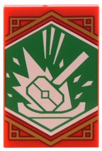 LEGO part Tile 2 x 3 with White Hammer with Energy Bursts on Green Background with Gold Trim Pattern (Ninjago Banner) 26603pb302