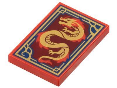 LEGO onderdeel Tile 2 x 3 with Dragon on Dark Red Background with Ornate Dark Blue and Gold Border Pattern (26603pb472)