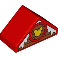 LEGO part Duplo, Brick 4 x 2 Slope 45 Double with Snow on Boards and Mickey Mouse Logo Pattern 29303pb001