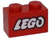 LEGO part Brick 1 x 2 with LEGO Logo Open O Style White with Black Outline Pattern 3004p50