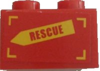 LEGO part Brick 1 x 2 with 'RESCUE' on Yellow Arrow Pattern Model Left Side (Sticker) - Set 60010 3004pb157L