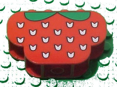 LEGO onderdeel Slope, Curved 6 x 2 x 3 Triple with 8 Studs with White Flecks and Green Leaves (Strawberry) Pattern (30075pb02)