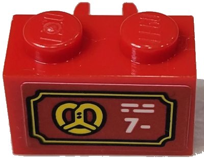LEGO onderdeel Brick, Modified 1 x 2 with Open O Clip Vertical with Yellow Pretzel and White '7-' Pattern (Sticker) - Set 10303 (30237bpb04)