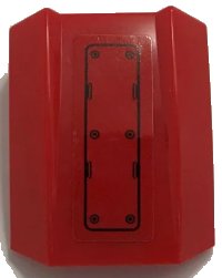 LEGO part Slope, Curved 2 x 2 Lip with Black Panel and Rivets on Red Background Pattern (Sticker) - Set 60222 30602pb109