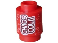 LEGO part Brick, Round 1 x 1 with Stylized White 'CHAOS COLA' on Dark Red Background and Bright Pink Circles Pattern 3062pb078