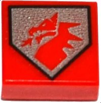 LEGO part Tile 1 x 1 with Red Dragon Head on Silver Pentagonal Shield Pattern 3070pb105