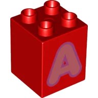 LEGO onderdeel Duplo, Brick 2 x 2 x 2 with Coral Capital Letter A with Medium Lavender Outline Pattern (31110pb144)