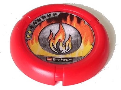 LEGO onderdeel Throwing Disk with Throwbot Torch / Slizer Fire 2 Pips, LEGO Technic Logo, and Flames Emblem Pattern (32171pb007)
