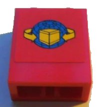 LEGO onderdeel Brick 1 x 2 x 2 with Inside Axle Holder with Box and Arrows and Globe on Red Background Pattern (Sticker) - Set 7939 3245bpb21