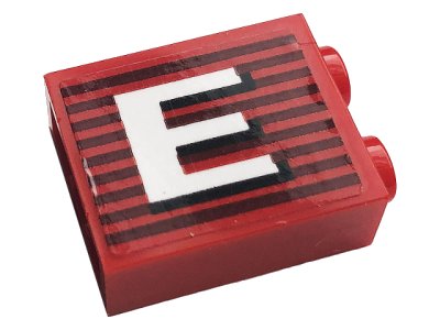 LEGO part Brick 1 x 2 x 2 with Inside Stud Holder with Gray Stripes and White Capital Letter E Pattern Model Right Side (Sticker) - Set 10272 (3245cpb144R)