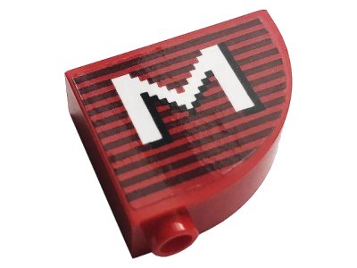 LEGO onderdeel Slope, Curved 3 x 1 x 2 with Hollow Stud with Gray Stripes and White Letter 'M' Pattern (Sticker) - Set 10272 (33243pb12)