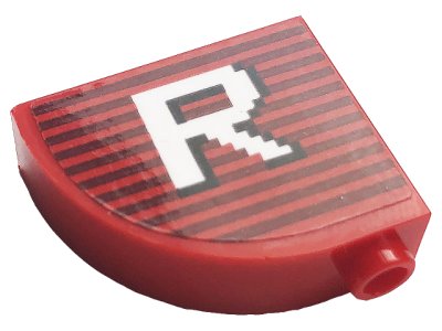 LEGO onderdeel Slope, Curved 3 x 1 x 2 with Hollow Stud with Gray Stripes and White Letter 'R' Pattern (Sticker) - Set 10272 (33243pb13)