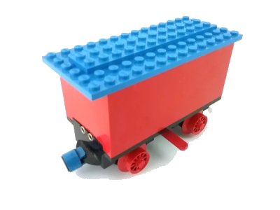 LEGO onderdeel Train Battery Box Car with Two Contact Holes, Red Switch Lever, Blue and Red Magnets, Red Wheels, and Blue Roof (3443c04)