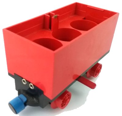 LEGO onderdeel Train Battery Box Car with Two Contact Holes, Red Switch Lever, Blue and Red Magnets, and Red Wheels (3443c10)