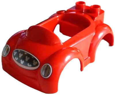 LEGO onderdeel Duplo Car Body with 2 Studs on Back, Small Windshield and Hitch with Silver Headlights and Dark Silver Grille with Mouse Heads Pattern (36744pb02)