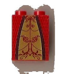 LEGO onderdeel Slope 65 2 x 2 x 2 with Bottom Tube with Minifigure Dress / Skirt / Robe, Gold Panel with Dark Red Trim and Background Pattern (3678bpb021)