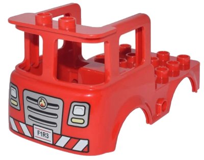 LEGO onderdeel Duplo Cabin Truck 4 x 8 x 3 1/2 with Silver Grille, Fire Badge, Headlights, Bumper, and 'F1R3' Pattern (39926pb02)